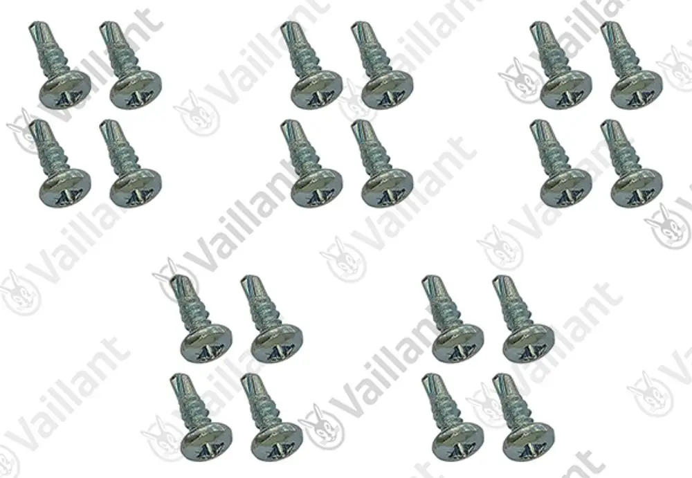 Vaillant Schrauben in verschiedenen Positionen angeordnet. Metallisches Material mit flachem Kopf und Schraubengewinde.